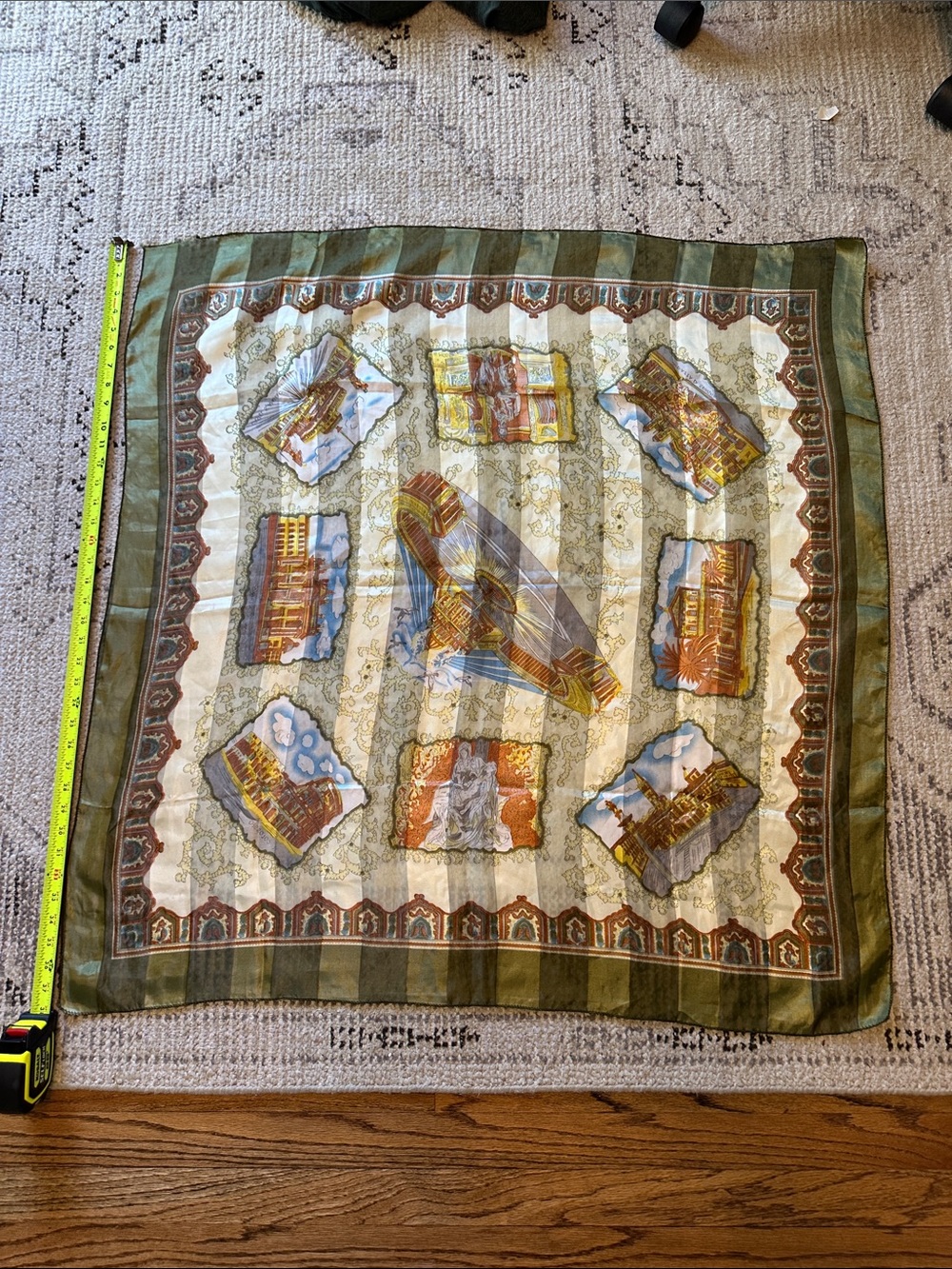 Silk-Feel Square Scarf in Olive Green, Gold and Red 38”